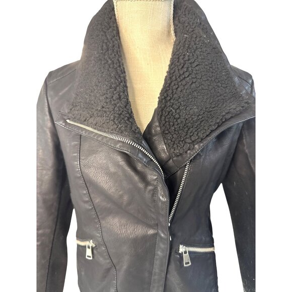 Baccini Womens Black Faux Leather Jacket W/ Faux Shearling Collar Zip Pockets M - Picture 3 of 14